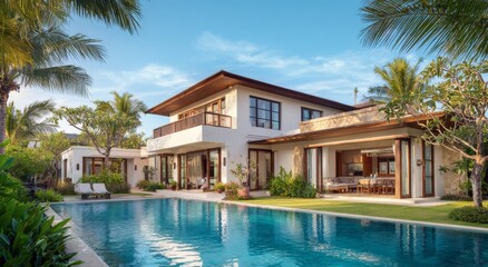 Fototapeta premium A large white house with a swimming pool and palm trees surrounding it under a blue sky with some cl
