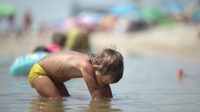 Kid collects shells and pebbles in the sea on a sandy bottom under the summer sun on a vacation