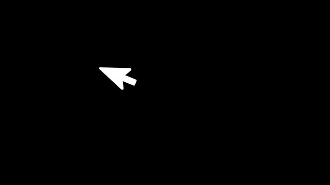 White computer mouse cursor click animation, minimalist pointer clicking motion graphic, interactive UI element on black background, clean digital arrow gesture.