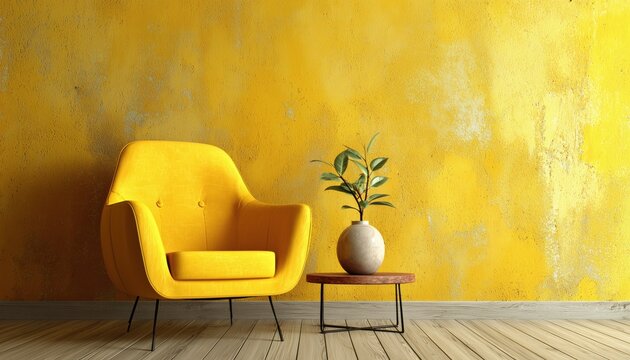 Interior Decor With Yellow Decorative Room And Wall And Chair: Enhancing The Aesthetics Of Your Living Space Through Thoughtful Design Choices.