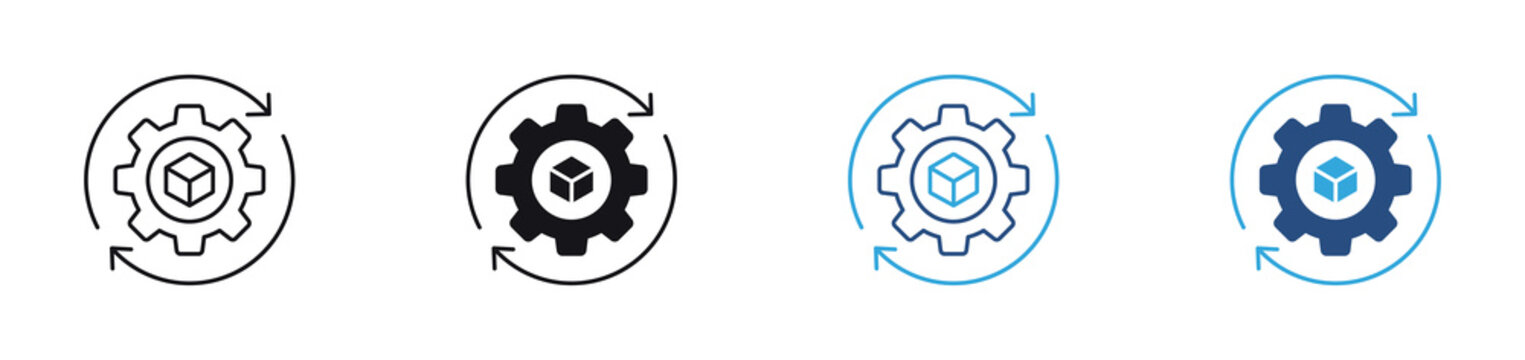 Product Lifecycle icon set. gear with cube and circular arrows icons. workflow automation and product management concept. vector illustration.

