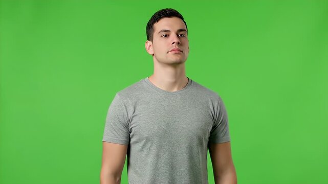 Young man standing on green screen.
