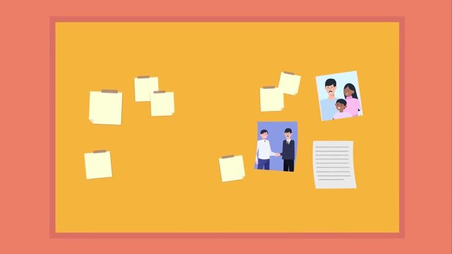 Bulletin Board with Sticky Notes and Family Photos, Concept of Project Planning, Memory, and Organization, 2D Flat Animation
