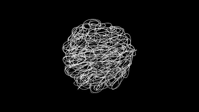 Looped hand-drawn animation. Chaotic tangle or white line sketch in the form of a spherical scribble.hand-drawn doodle of tangled scribble lines on a transparent background
