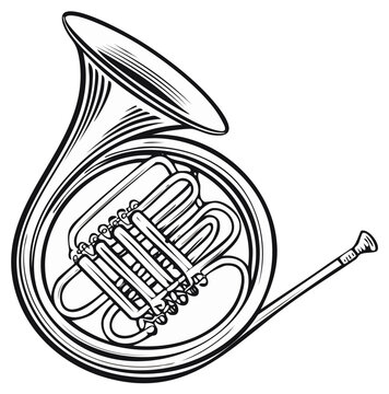 Orchestral French Horn Musical Instrument Line Art Illustration