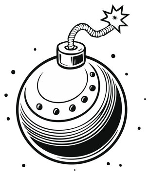 Vintage-style bomb illustration, black and white explosive device drawing