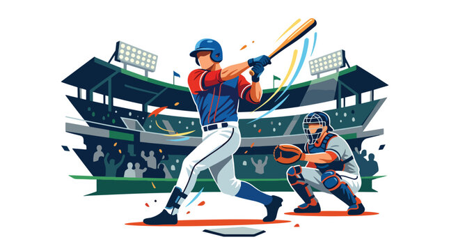 Flat vector illustration of a baseball batter preparing to swing while a catcher crouches behind home plate in a professional stadium game setting