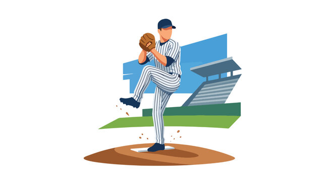 Flat vector illustration of a baseball pitcher in a powerful throwing stance on the mound, capturing motion, focus, and competitive sports action