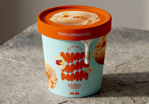 Ice Cream Tub Packaging Mockup on Stone Surface
