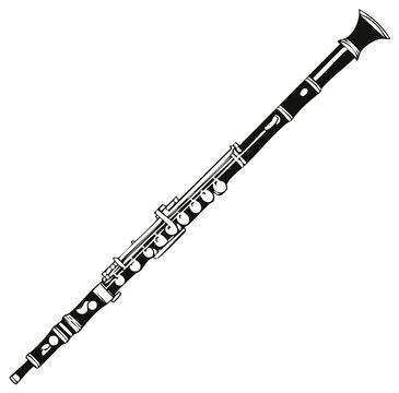 Detailed black and white illustration of a classical woodwind instrument oboe
