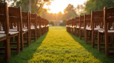 Fototapeta premium Rows of wooden chairs lined up on a grassy lawn