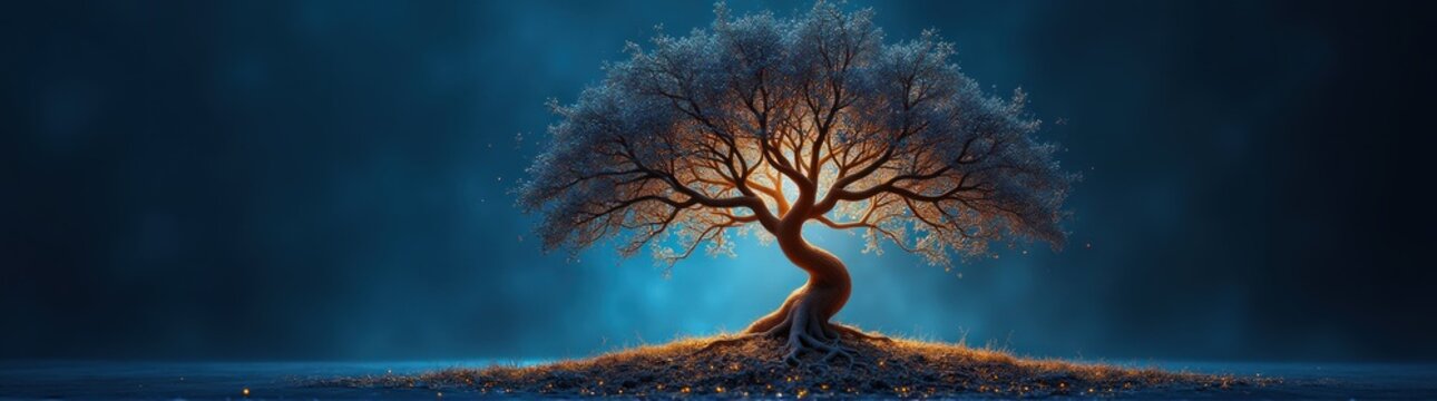 Tree with a blue sky background and a light shining down genealogy tree concept
