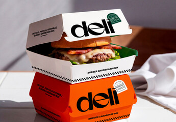 Stacked Burger Boxes Packaging Mockup on Tile Counter