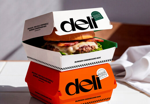 Stacked Burger Boxes Packaging Mockup on Tile Counter