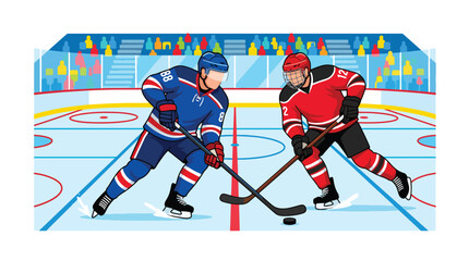 Fototapeta premium Flat vector illustration of two ice hockey players competing for the puck during a fast paced professional hockey game in an indoor arena