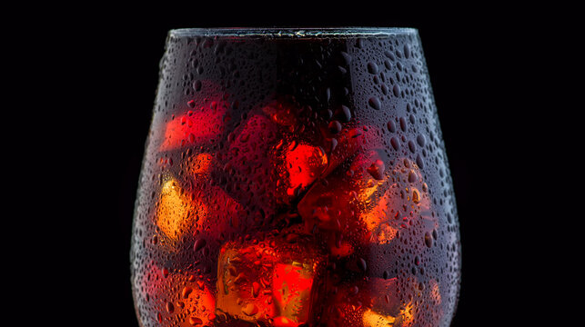 Macro shot of a cold drink with ice cubes and condensation droplets. Vibrant red lighting against a dark background, perfect for refreshing beverage concepts.