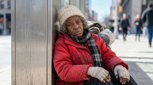 Elderly woman wearing a red coat and white hat sits against a bus stop shelter on a city street, with pedestrians and buildings visible in the background