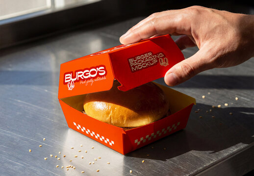 Burger Box Packaging Mockup with Hand Opening Lid