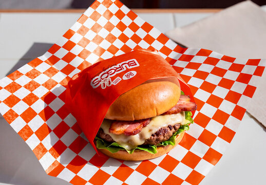 Burger on Checkered Wrapping Paper Mockup