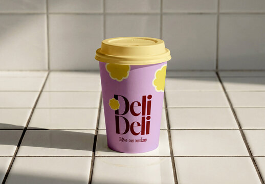 Takeaway Coffee Cup Packaging Mockup on Tile Counter