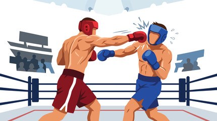 Obraz premium Flat vector illustration of two boxers fighting in a professional boxing ring, featuring powerful punches, sports competition, and dynamic combat action