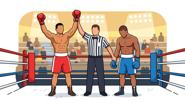 Flat vector illustration of a victorious boxer celebrating after a championship fight while the referee raises his hand inside the boxing arena
