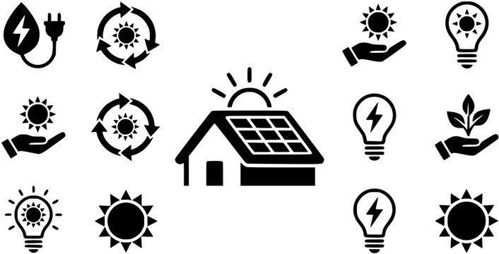 house solar energy icon. roof with solar panel. sustainable, renewable and alternative energy symbol vector black icons