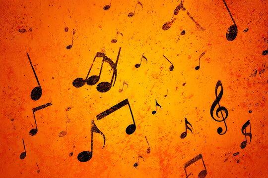 Fiery Melody: Scattered Grunge Musical Notes on a Vibrant Orange Textured Canvas