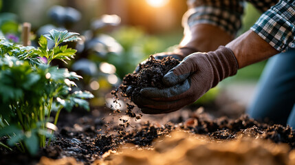 Fototapeta premium Gloved hands pressing a handful of dark crumbly leaf mould into a bright sunlit garden border, the material breaking apart and scattering in the afternoon light, rich dark colour