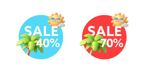 Fototapeta premium 3d set with promotional badges, sale, labels. Palm tree, sun. Minimalistic signs for summer promotional offers, price list. Vector illustration.
