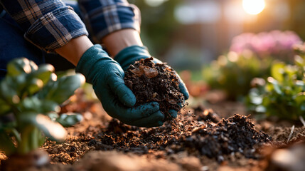 Fototapeta premium Gloved hands pressing a handful of dark crumbly leaf mould into a bright sunlit garden border, the material breaking apart and scattering in the afternoon light, rich dark colour