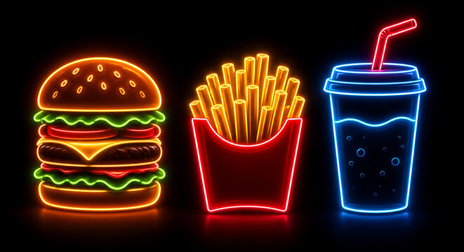 Modern Retro Neon Diner Signs: Professional Fast Food UI Assets.