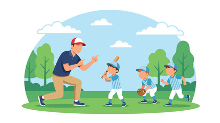 Obraz premium Flat vector illustration of a baseball coach teaching young players on the field, featuring teamwork, youth sports, and outdoor training activities