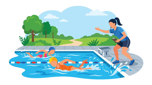 Flat vector illustration of children learning swimming techniques with a coach at an outdoor pool, promoting water safety and healthy activity