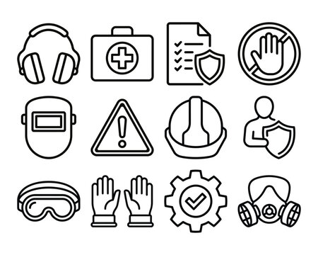 Industrial safety and personal protective equipment icons with first aid kit stop sign warning sign hard hat