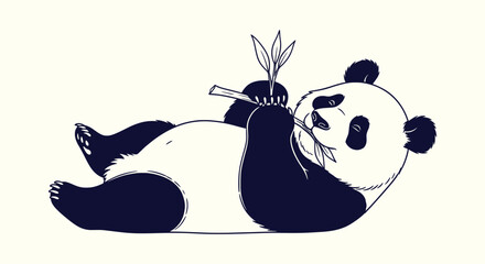Cute giant panda bear eating bamboo leaves while lying on its back vector line art illustration. © Vectorus
