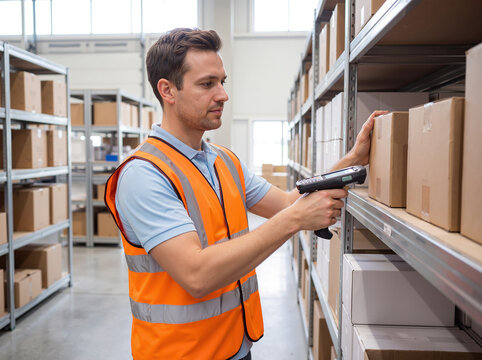 Warehouse worker scanning cardboard boxes on storage shelf with barcode reader