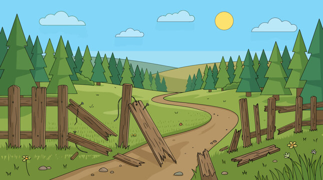 A serene landscape with a broken wooden fence along a winding dirt road through a forest.