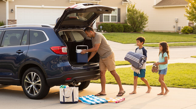 Father loading SUV with cooler and children on family outing