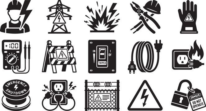 Electrical Safety and Lineman Icon Set, Black Glyph Symbols for Industrial Power, High Voltage and Utility Services