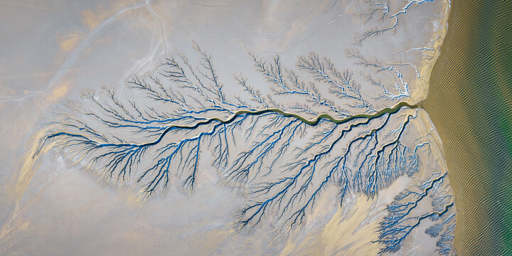 Aerial view of Reserva de la Biosfera Alto Golfo de California y Delta del Rio Colorado with intricate dendritic patterns of tidal channels in the sand Tijuana, Baja California, Mexico.