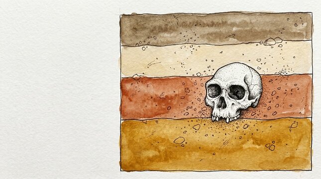 Stratigraphic trench profile with soil layers and detailed hominid skull  