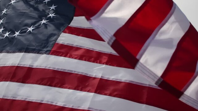 Betsy Ross American Flag Star Spangled Banner flying in breeze slow motion