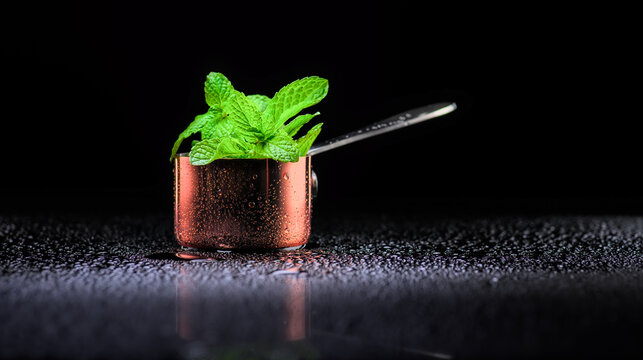 Fresh mint leaves in a copper cup with water droplets. Elegant dark background with beautiful reflections. Perfect for culinary and wellness themes.