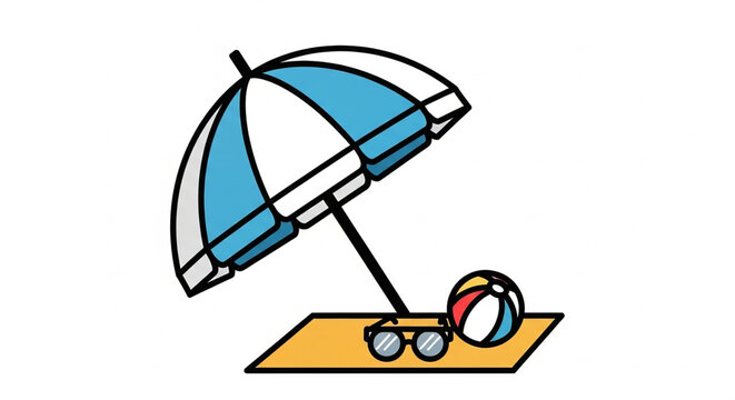 Blue beach umbrella with sunglasses and a colorful beach ball
