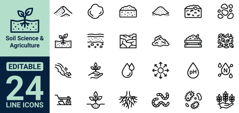 Soil Science and Agriculture Icon Set Featuring Soil Layers Ground Texture Sand Clay Compost Mulch pH Level Nitrogen Nutrients Erosion Worms Bacteria Roots and Planting Icons