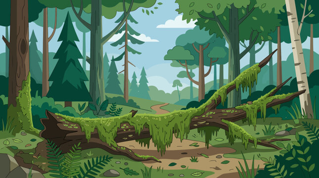 A serene forest scene with a fallen tree covered in moss and ferns on a dirt path surrounded by tall trees and lush greenery under a cloudy sky.