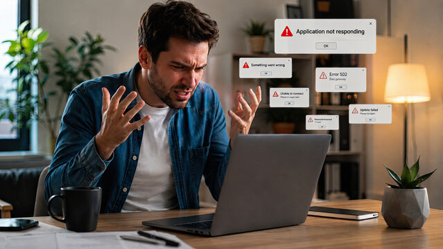 Frustrated man dealing with software errors and technology problems at home office