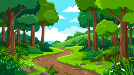 Obraz premium A serene landscape illustration of a winding dirt road through a lush forest with trees and greenery under a blue sky.