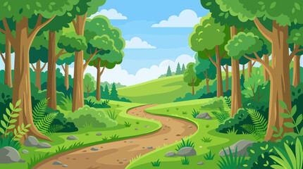 Obraz premium A serene landscape illustration of a winding dirt road through a forest with trees and green grass.